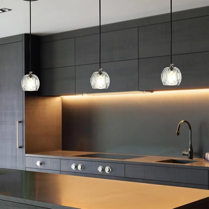 Modern Pendant Light Fixture, Prism Crystal Small Pendant Light for Kitchen Island, Black Crystal Single Pendant Lighting for Dining Room Bedroom