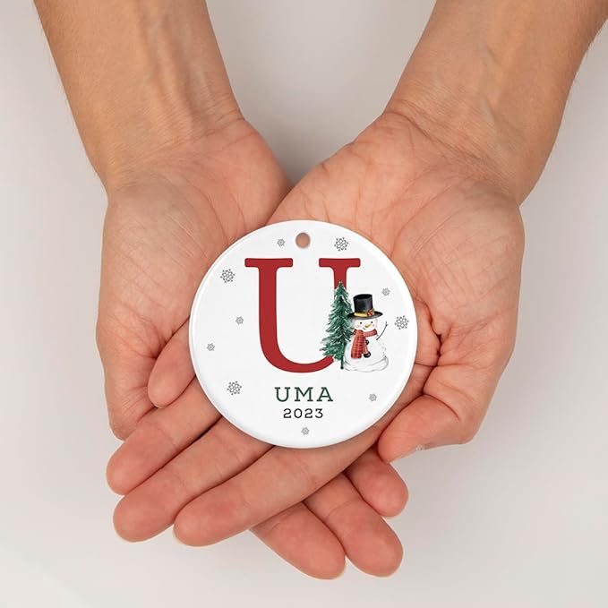 Andaz Press Personalized Ornament, Custom Name, Initial U Monogram Snowman 2.8" Ceramic Porcelain 2025 Christmas Ornament Keepsake for Kids, Boys, Girls, Includes Gold Ribbon & Gift Box, 1-Pack