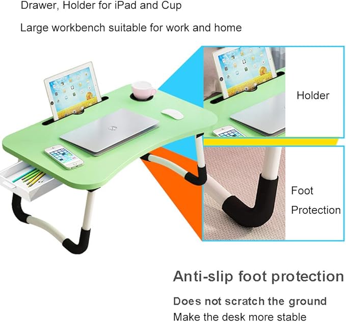 Lap Laptop Desk with Storage Drawer, Holders for Cup and Tablet, Laptop Bed Tray Table with Foldable Legs, Laptop Bed Stand, Portable Standing Table for Sofa Couch Floor (23.6", Green)
