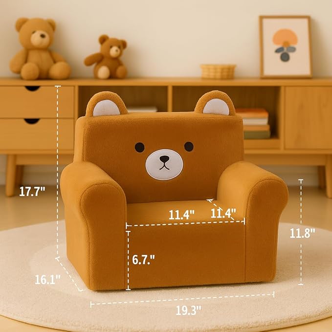 Cute Animal Toddler Foam Chair, Soft Faux Rabbit Fur, Removable Washable Cover, Kids Reading, Watching TV, or Relaxing, for Playroom, Bedroom, Living Room, 1-3 Years Old, Bear