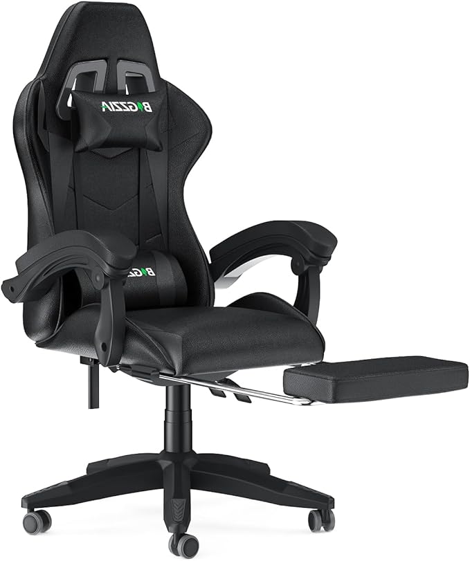 Gaming Chair with Footrest, High Back Ergonomic Computer Gamer Chair with Headrest and Lumbar Support, Racing Style Reclining Game Chair for Adults, Kids (Dark Black)
