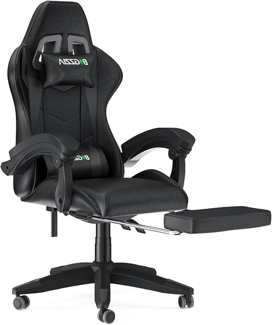 Gaming Chair with Footrest, High Back Ergonomic Computer Gamer Chair with Headrest and Lumbar Support, Racing Style Reclining Game Chair for Adults, Kids (Dark Black)