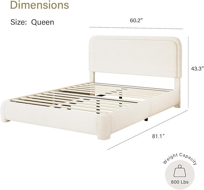 BarnFurin Queen Bed Frame with Headboard, Cloud Boucle Upholstered Platform Bed with Wood Slats, Soft Rounded Corners, No Box Spring Required, Easy Assembly, Cream