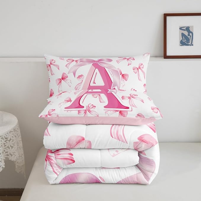 jejeloiu Kids Girls Cute Pink Bow Comforter Set Toddler Size Monogrammed Bedding Set Ultra Soft Personalized Initial A Duvet Quilt Coquette Bow Knot Quilt Set Room Decor Modern Fashion Comforter