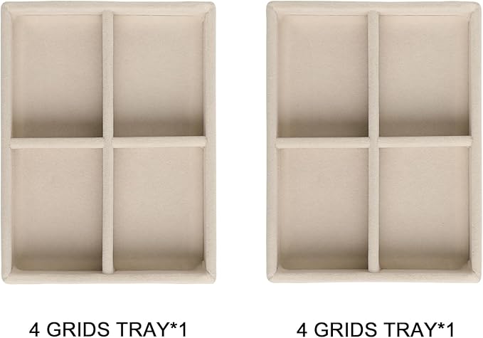 Frebeauty Small Jewelry Tray Set,Stackable Velvet Jewelry Organizer Tray,Mini Jewelry Drawer Organizer,Drawer Inserts,4.92 x 3.74 x 0.9 Inches,4 Grid Earring Organizer for Women(Set 2,Beige)