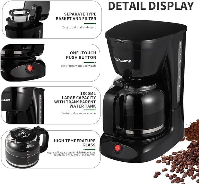 12 Cup Drip Coffee Maker, Coffee Pot Machine Permanent Coffee Filter,1.8L Glass Carafe Electric Coffee Maker,950W Black
