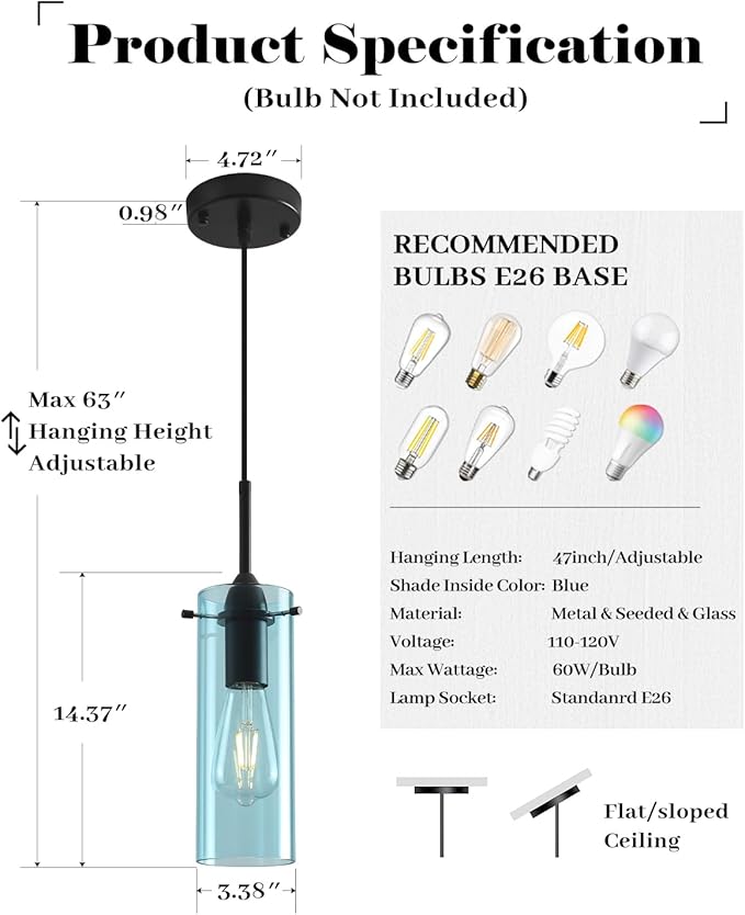 Blue Pendant Lights 2 Packs, Island Pendant Lights for Kitchen, Blown Glass Pendant Light Kitchen Island, Kitchen Pendant Light for Kitchen Island, Bedroom, Living Room, Bathroom