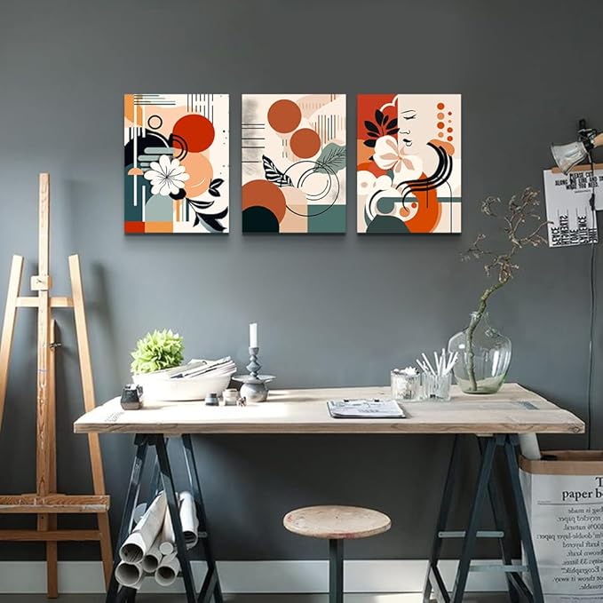 MHARTK66 Canvas Wall Art For Bedroom & Living Room - Boho & Vintage Flowers Wall Painting - Abstract Art - Ready To Hang - Framed Wall Pictures - 3 Panels