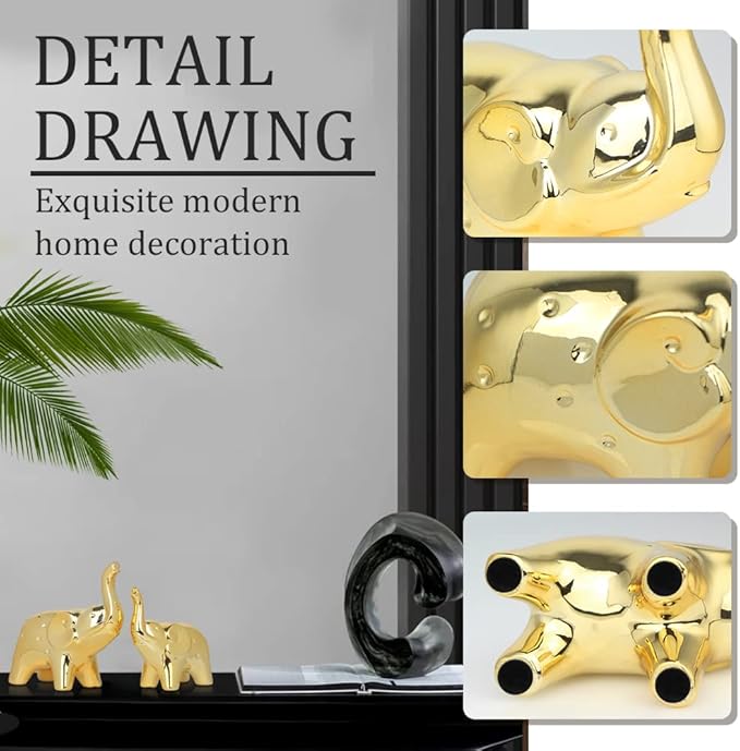 A Pair Elephant Statue Home Decor,Modern Style Figurines,Sculpture for Office Desktop Bookshelf Living Room (Ceramics Gold)