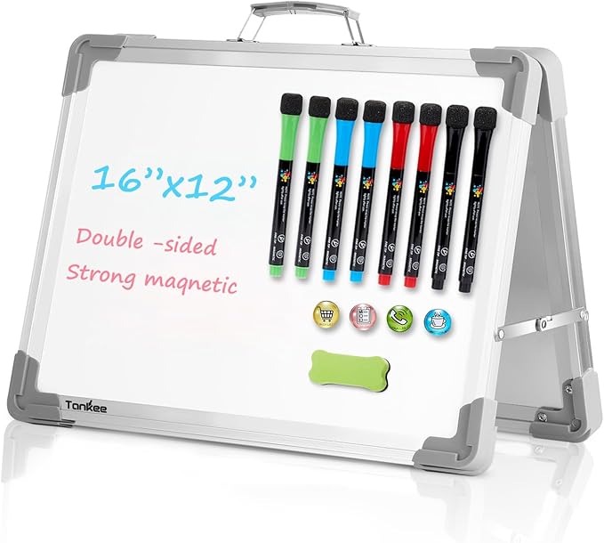 Small Dry Erase White Board – TANKEE Magnetic Desktop Foldable Whiteboard Portable Mini Easel Double Sided on Table Top with Holder for Drawing, Teacher Instruction, Memo Board