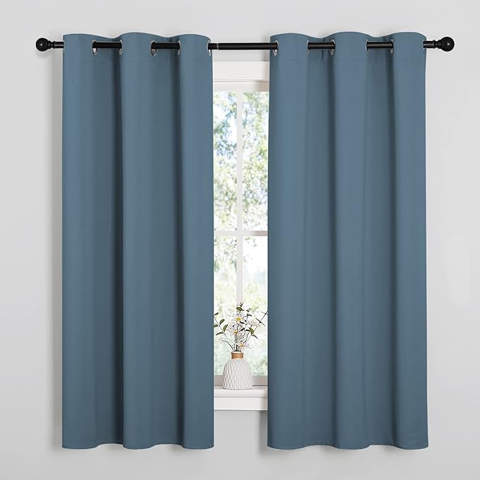 NICETOWN Smoky Blue Blackout Curtains 48 inches Length for Laundry Room, 2 Panels, 42" Wide, Thermal Insulated Decoration Drapes for Short Window