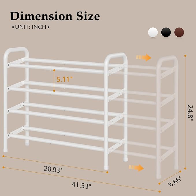 Shoe Rack for Closet,4 Tier Shoe Organizer, 28“ Metal Shelf Can Expandable to 42“, for Bedroom, Entryway, Living Room, Garage, Adjustable to 24 Pairs Shoes, White