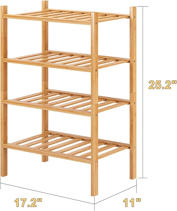 Small Shoe Rack, 4-Tier Bamboo Stackable Shoe Shelf Storage Organizer, Shoe Stand for Closet, Entryway and Hallway