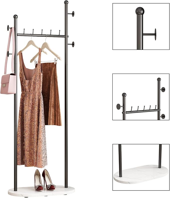 DR.IRON Black Clothing Racks with Marble Base Modern Coat Racks Freestanding Black Clothes Rack with Shelves for Bedroom Heavy Duty Garment Racks in Hallway, Entryway