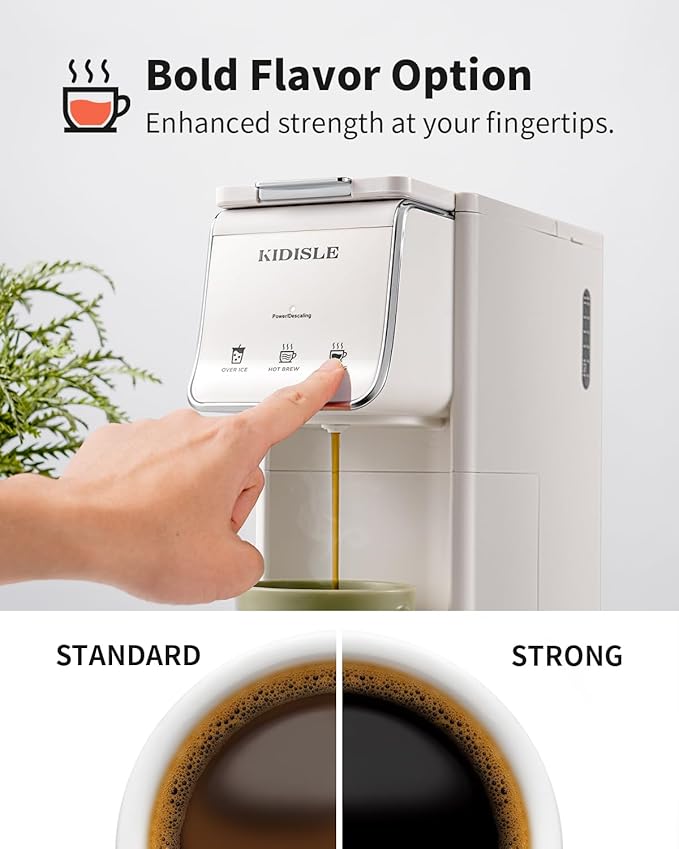 Hot & Iced Coffee Maker for K-Cups & Ground Coffee, Single-Serve Brewer with Bold Setting, Reusable Filter, Travel Mug Friendly, Compact & Quick Brew, White