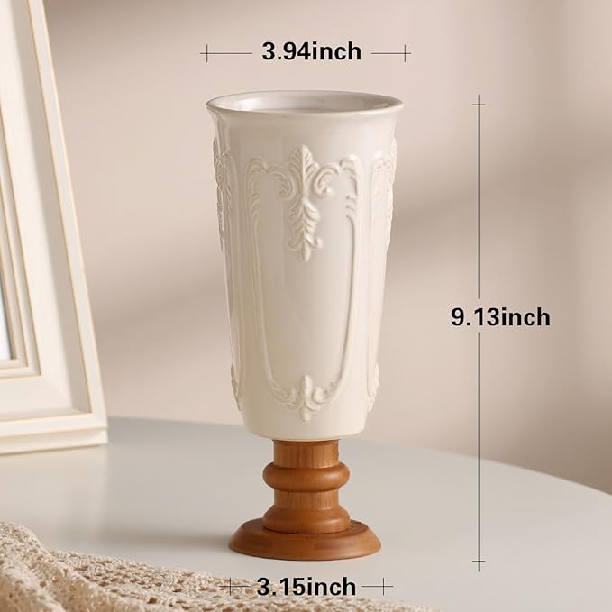 hjn White Cermaic Vase for Flowers Vintage Vase with Wooden Base for Your Home Decor/Table/Kitchen/Office/Living Room-White (French Flower Pattern)