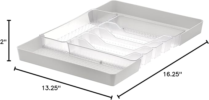 Spectrum Diversified Hexa Expandable Divided Drawer Organizer Tray Modern Kitchen Cutlery, Utensil, Silverware Holder, Cabinet Storage, 13 x 16, Clear Frost/Stone Gray