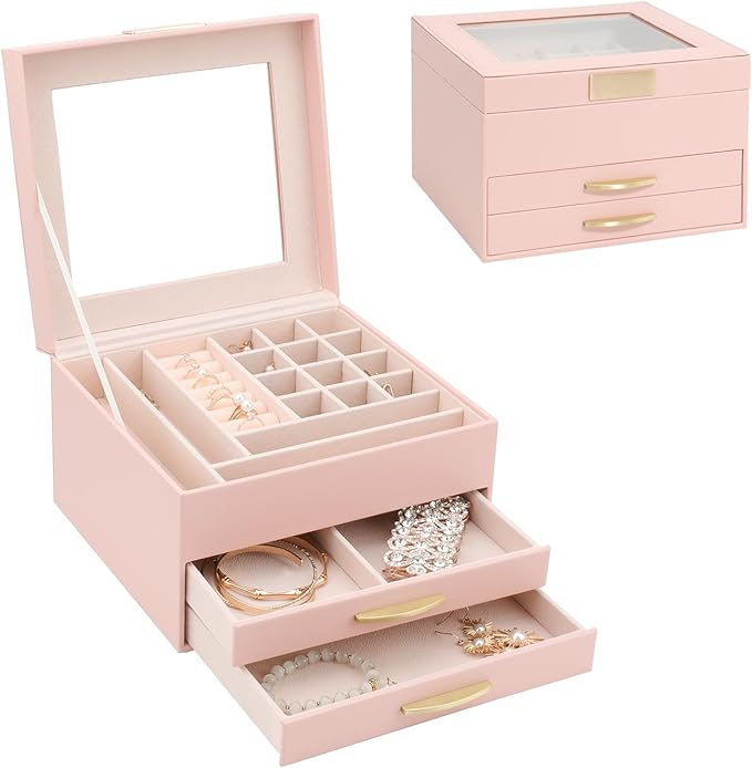 Jewelry Holder Organizer,3 Tiers Leather Jewelry Set Box with 2 Drawers,Jewelry Box for Women Girls,Large Capacity Jewelry Holder Box (Pink)
