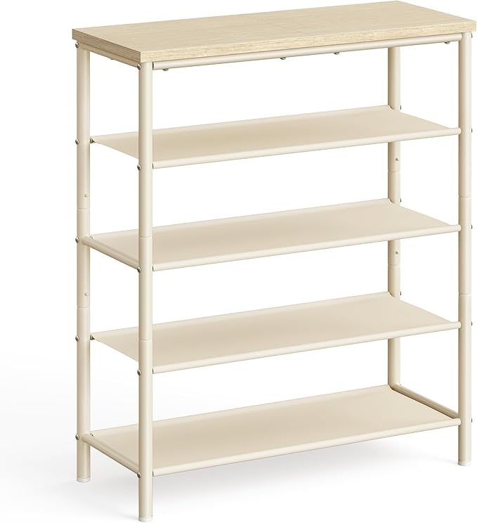 VASAGLE Shoe Rack, 5-Tier Shoe Storage Organizer for Entryway and Closet, Holds 12-16 Pairs of Shoes, 4 Fabric Shelves, Steel Frame, Modern, Natural Beige and Pearl White ULBS036K01