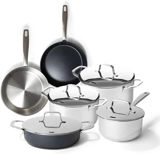 Alva Maestro 10-Piece Stainless Steel Cookware Set – PFAS/PFOA/PTFE-Free, Non-Toxic Nonstick – Induction & Oven Safe, Even-Heat Technology, Easy to Clean Professional Pots & Pans