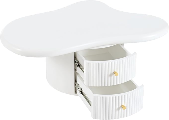 WILLIAMSPACE 38.2" Cloud Coffee Table Set of 3, Modern Irregular Shape Coffee Table with 2 Drawers & 2 Small Stools, Storage Center Table Accent Side End Table for Living Room Apartment, White
