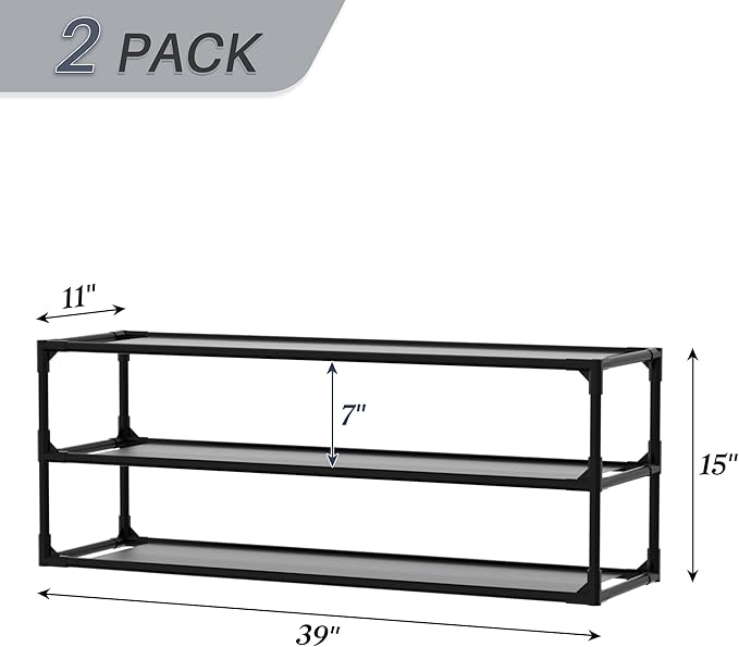 TY ARTS & CULTURE 2 Pack 3-Tiers Shoe Rack Organizer, Sturdy Metal Pipes & Durable Non-Woven Fabric, Shoe Rack for Closet Hold 24-30 Pairs, Shoe Rack for Entryway (Black)
