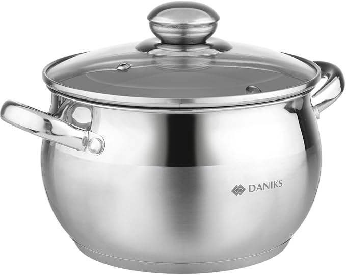 Daniks Classic Stainless Steel Stock Pot with Glass Lid – Induction 3 Quart, Dishwasher Safe, Measuring Scale, For Soup, Pasta, Stew, Silver