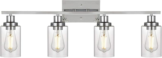MELUCEE 4-Light Bathroom Lighting Fixtures with Clear Glass Shade Chrome Finish, Modern Vanity Light Wall Mount Lamp for Bedroom Dressing Table Mirror Cabinets Vanity Table (Patent No.: US D963914 S)