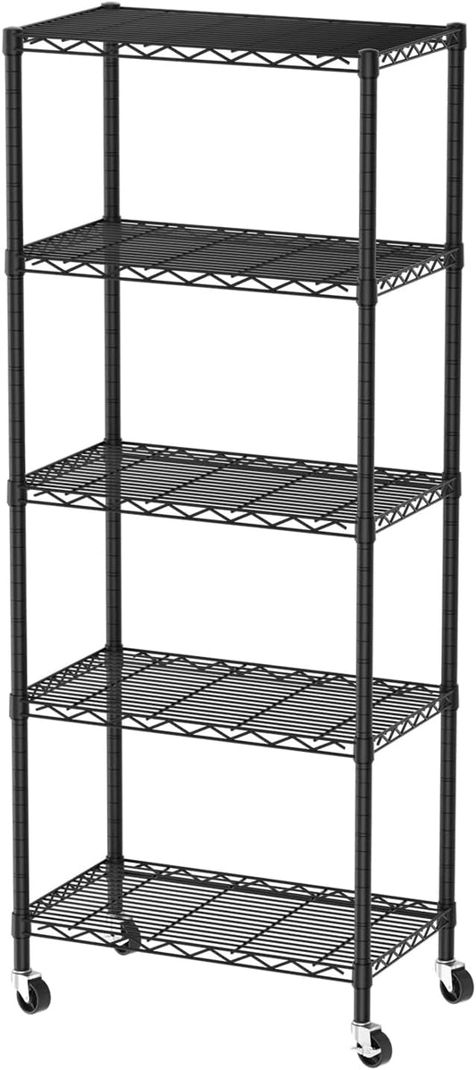 5 Tier Shelves Storage Shelf Wire Closet Bathroom Organizers Metal Pantry Kitchen Garage Shelving Unit Laundry Room Organization Home Rack Net Basket Black with Wheels 14”D X 24”W X 61”H