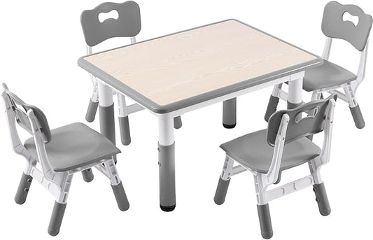 Kids Study Table and Chairs Set, Height Adjustable Toddler Table and Chair Set for Kids Ages 3-8, 31.5" L x 23.6" W Graffiti Desktop Plastic Children Art Table with 4 Seats, Grey