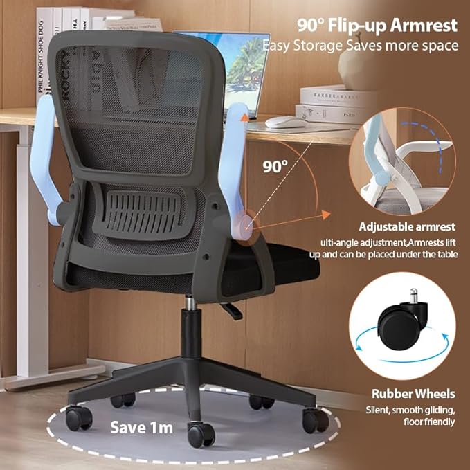 Office Chair, Ergonomic Desk Breathable Mesh Swivel Chair with Flip-Up Arms and Lumbar Support Computer for Home Office