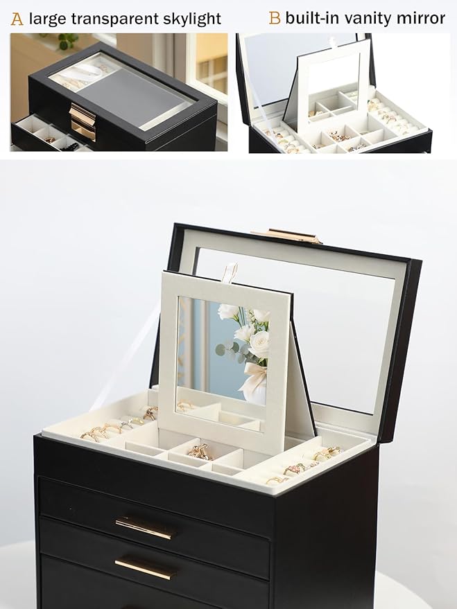 BOOVO Jewelry Boxes for Women, White and Black 4 Layer Large Jewelry Box for Necklace, Bracelet, Earrings, Rings Storage, Jewelry holder Organizer for Girls Gift (Clear Black, 4 layer)