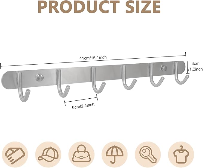 Coat Hook Rack Wall Mounted - Sagmoc Towel Hook Rail with 6 Round Hooks/16-inch/304Stainless Steel Brushed Nickel/Super Easy Installation/Rust and Water Proof/Perfect Home Storage & Organization