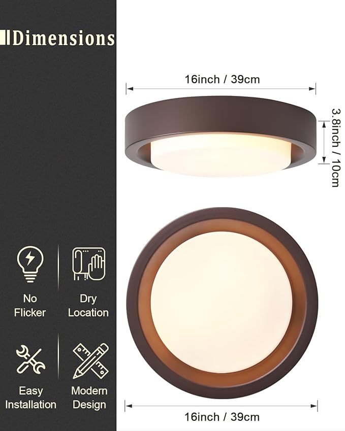 16 Inch Flush Mount Ceiling Light,3-Lights Oil Rubbed Bronze Finish with Frosted Glass Shade,Round Ceiling Light Fixture for Bedroom Livingroom Kitchen