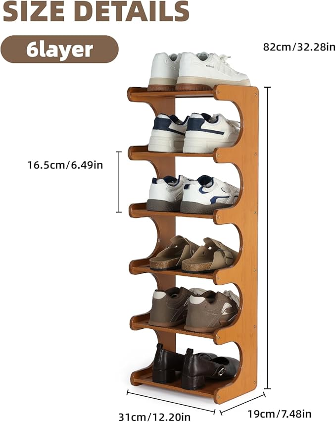 Multi-Tier Bamboo Shoe Rack, 30cm Narrow Standing Shoe Organizer for Closet Entrance, Space Saving Shoe Shelf, Sturdy Shoe Stand for Men and Women(6Layers)