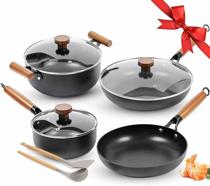 AUDANNE Nonstick Pots and Pans Set, 9 Pieces Non Stick Kitchen Cookware, Cooking Skillets Include Frying Pan with Lid, Saucepan, Casserole, Spoon, Turner Spatula, PFOA Free for Induction, Black