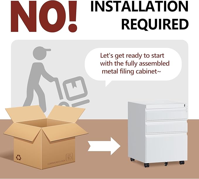 3 Drawer File Cabinet，Mobile Filing Cabinet with Lock and Wheels，Fully Assembled Metal Under Desk File Cabinets for A4/Letter/Legal Size（White