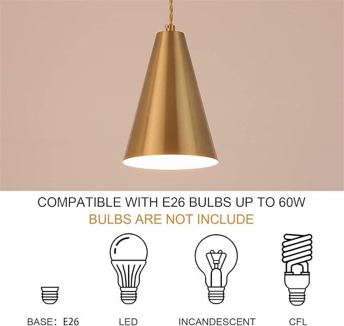 Gold Plug In Pendant Light,Hanging Lights With Plug In Cord On/Off Switch, Mini Brass Pendant Lights for Kitchen Island,Modern Chandeliers Light Fixture with Metal Shade,Hanging Lamps for Bedroom