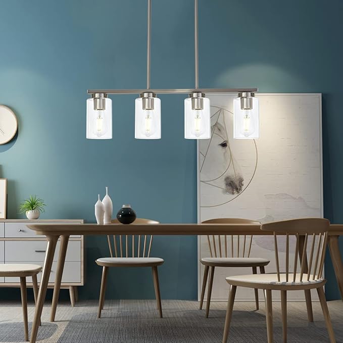 Modern Kitchen Island Light with Clear Glass Shades, 4-Lights Hanging Lighting Fixtures in Brushed Nickel for Dining Room