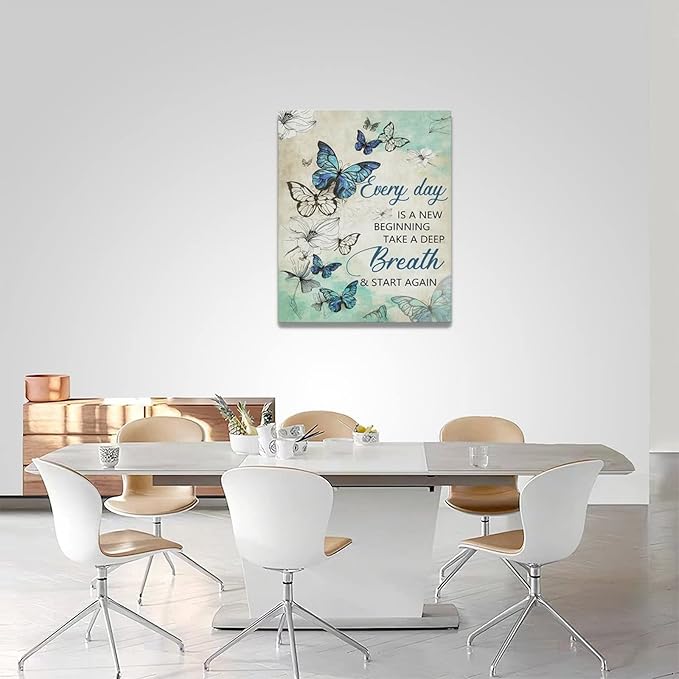 Farmhouse Floral Wall Decor - Teal Butterfly Canvas Prints with Inspirational Quotes - Modern Home Decorations for Bathroom, Girls Bedroom, Living Room