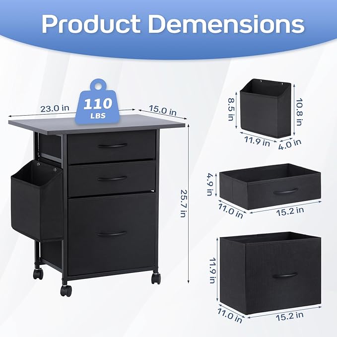 Printer Stand with 3 Fabric Drawer, Mobile File Cabinet for Home Office with Storage Bag, Rolling Under Desk Organizer Shelf, Fits A4 or Letter Size, Complete Top Plate Fast Assembly (Night Black)