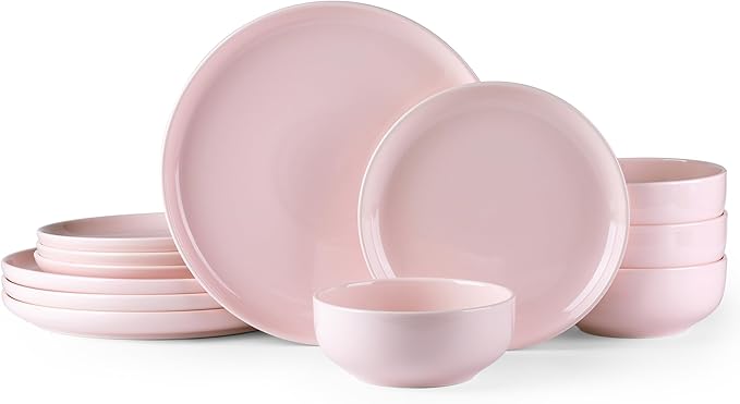 AmorArc Ceramic Dinnerware Sets for 4, Pocelain Plates and Bowls Sets, Scratch Resistant Dishes Set, Dishwasher & Microwave & Oven Safe,Pink-12 pcs