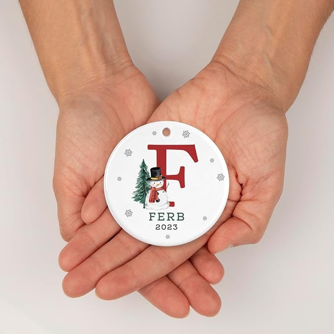 Andaz Press Personalized Ornament, Custom Name, Initial F Monogram Snowman 2.8" Ceramic Porcelain 2025 Christmas Ornament Keepsake for Kids, Boys, Girls, Includes Gold Ribbon & Gift Box, 1-Pack