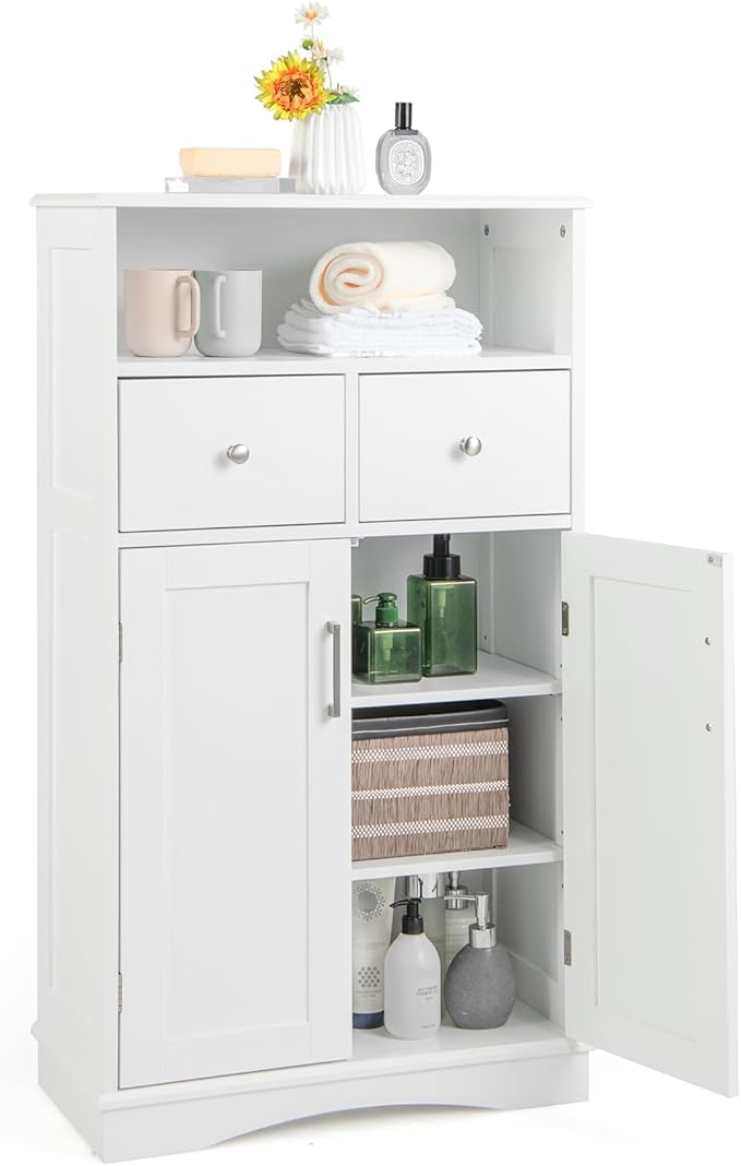 Tangkula Bathroom Cabinet, Freestanding Storage Organizer w/2 Drawers & 2 Doors, 3-Position Adjustable Shelves, Anti-Toppling Design, Floor Cabinet for Bathroom (White, 2 Drawers & Cabinet)