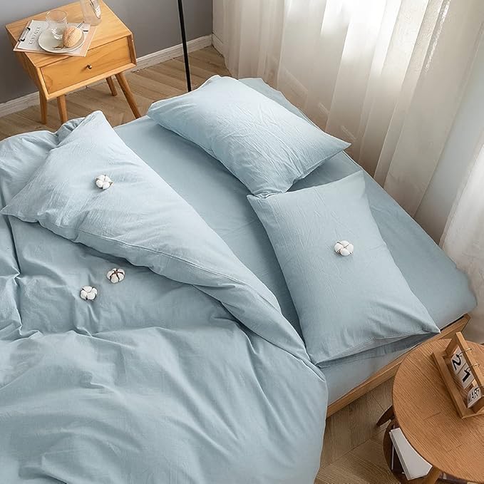 FACE TWO FACE Bedding Duvet Cover Set 3 Pieces 100% Washed Cotton Duvet Cover Linen Like Textured Breathable Durable Soft Comfy (Queen, Light Blue)