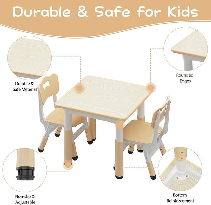 GarveeHome Kids Table and 2 Chairs Set, Height Adjustable Toddler Table and Chair Set for 2, Graffiti Desktop, Non-Slip Design, Children Table for Home Daycare Preschool for Ages 2-8, Beige