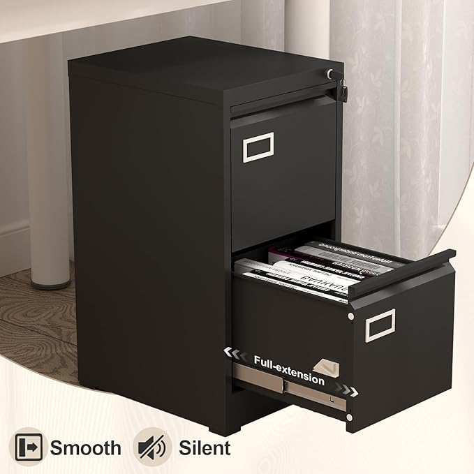 2 Drawer File Cabinet with Lock, Black Metal File Cabinets for Home Office, Under Desk Small Filing Cabinet, Vertical File Cabinet for A4/F4/Letter/Legal