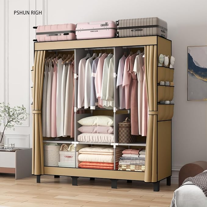 Portable Closet, Clothes Storage Box, Simple Wardrobe for Hanging Clothes, Multiple Shelves and 3 booms,6 Side Pockets (Black)” (Cream Colour, Large)