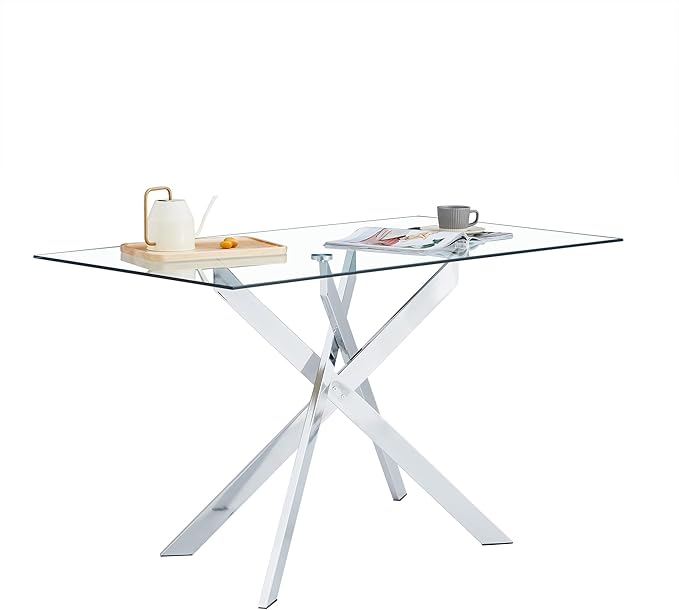 Rectangular Glass Dining Table, Tempered Glass Tabletop and Metal Legs, Modern Style Glass Kitchen Table for Home, Kitchen, Dining Room (Silver, 52'')