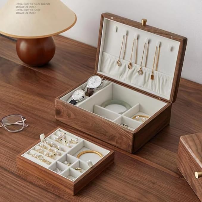 Bescott 2 Layer Solid Black Walnut Wooden Jewelry Box for Women Wood Vintage Organizer for Men Earrings Rings Necklaces Bracelet Watch Storage Mother's Day Gift